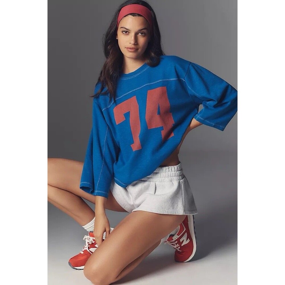 Pilcro x Anthropologie Varsity Tee In Blue Featuring Red 74 Graphic Size XL NWT